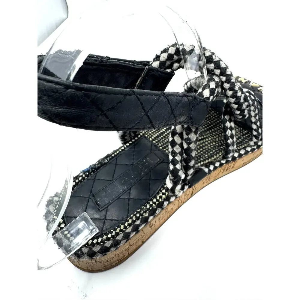 Chanel Cord Sandals Black White Quilted Lambskin Leather CC Logo Flats 6.5